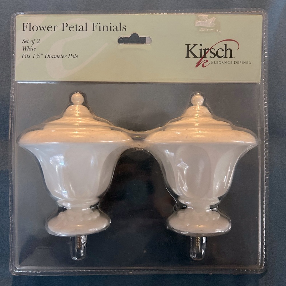 Kirsch Set of 2 White Flower Finials - NIB.  Fit 1 3/8 Inch Pole